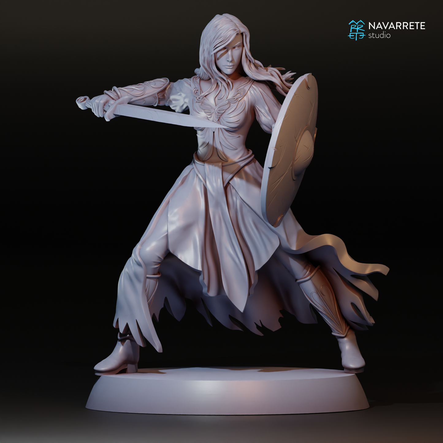 Render of Lyssandra, Daughter of Dusk tabletop gaming miniature by Tattles Told 3D, featuring a detailed character with flowing robes.