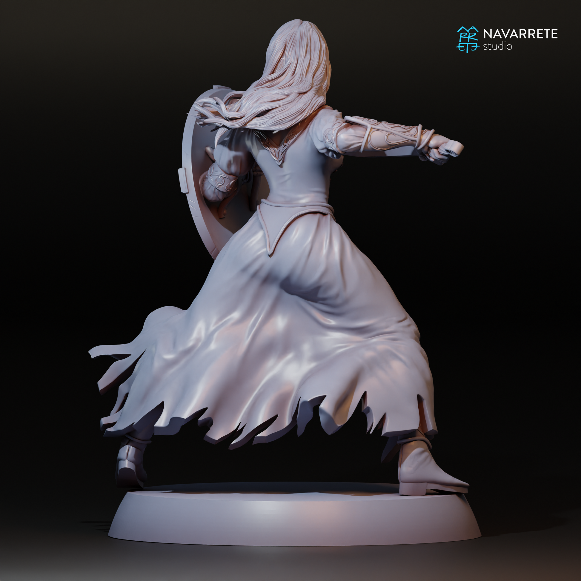 Render of Lyssandra, Daughter of Dusk tabletop gaming miniature by Tattles Told 3D, showing her detailed armor and mystical pose.
