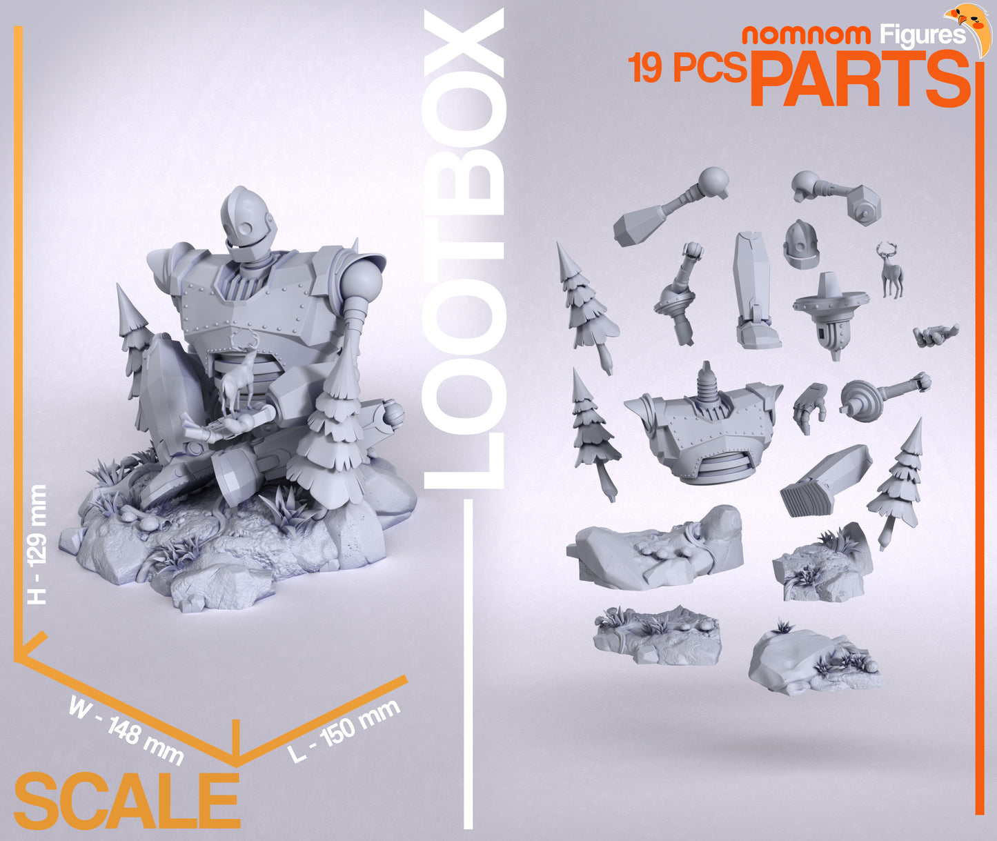 Resin garage kit figure of Gentle Metal Giant by Tattles Told 3D, displayed on a stand with detailed sculpting and vibrant paint.