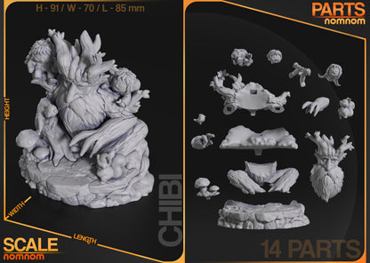 Resin garage kit figure of a chibi walking tree by Tattles Told 3D, featuring detailed anime fan art design.