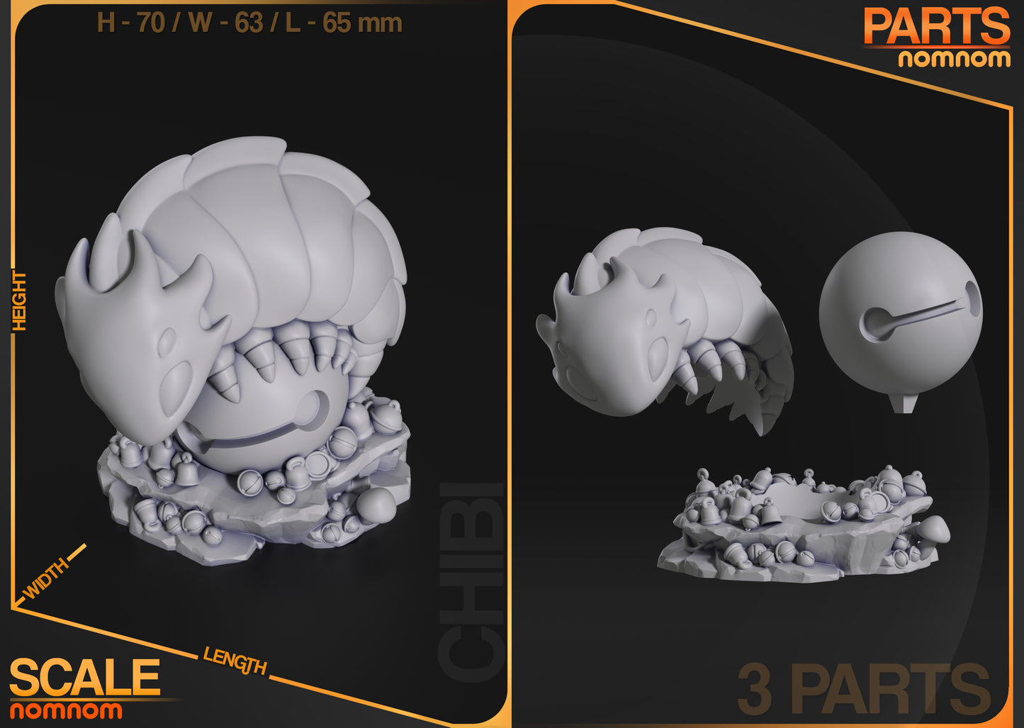 Resin garage kit figure of Chibi Bell Keeper from Nomnom Figures, crafted by Tattles Told 3D, displayed on a neutral background.