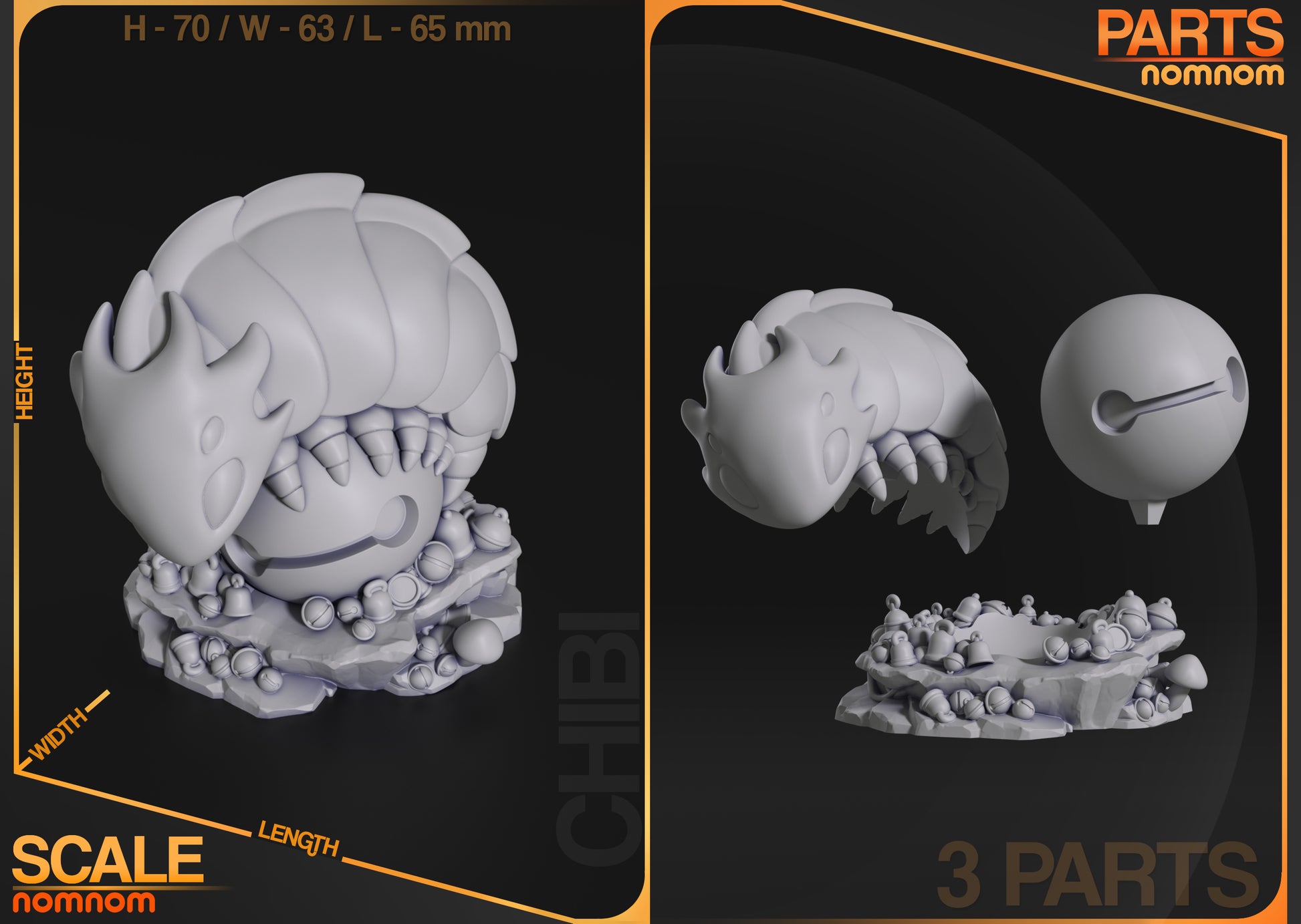 Resin garage kit figure of Chibi Bell Keeper from Nomnom Figures, crafted by Tattles Told 3D, displayed on a neutral background.