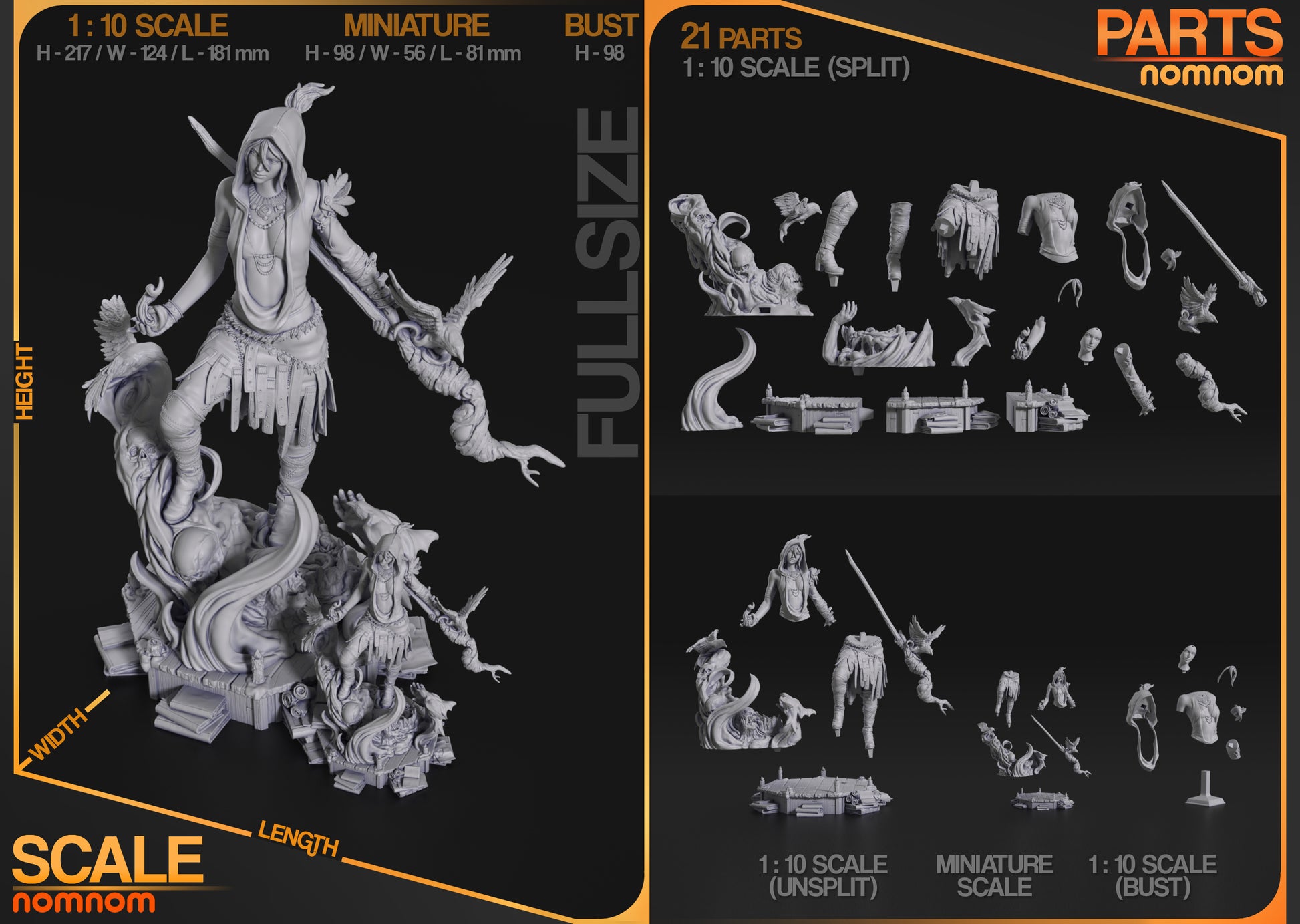 Resin garage kit figure of Wilderness Witch by Tattles Told 3D, featuring detailed sculpting and painted fan art design.