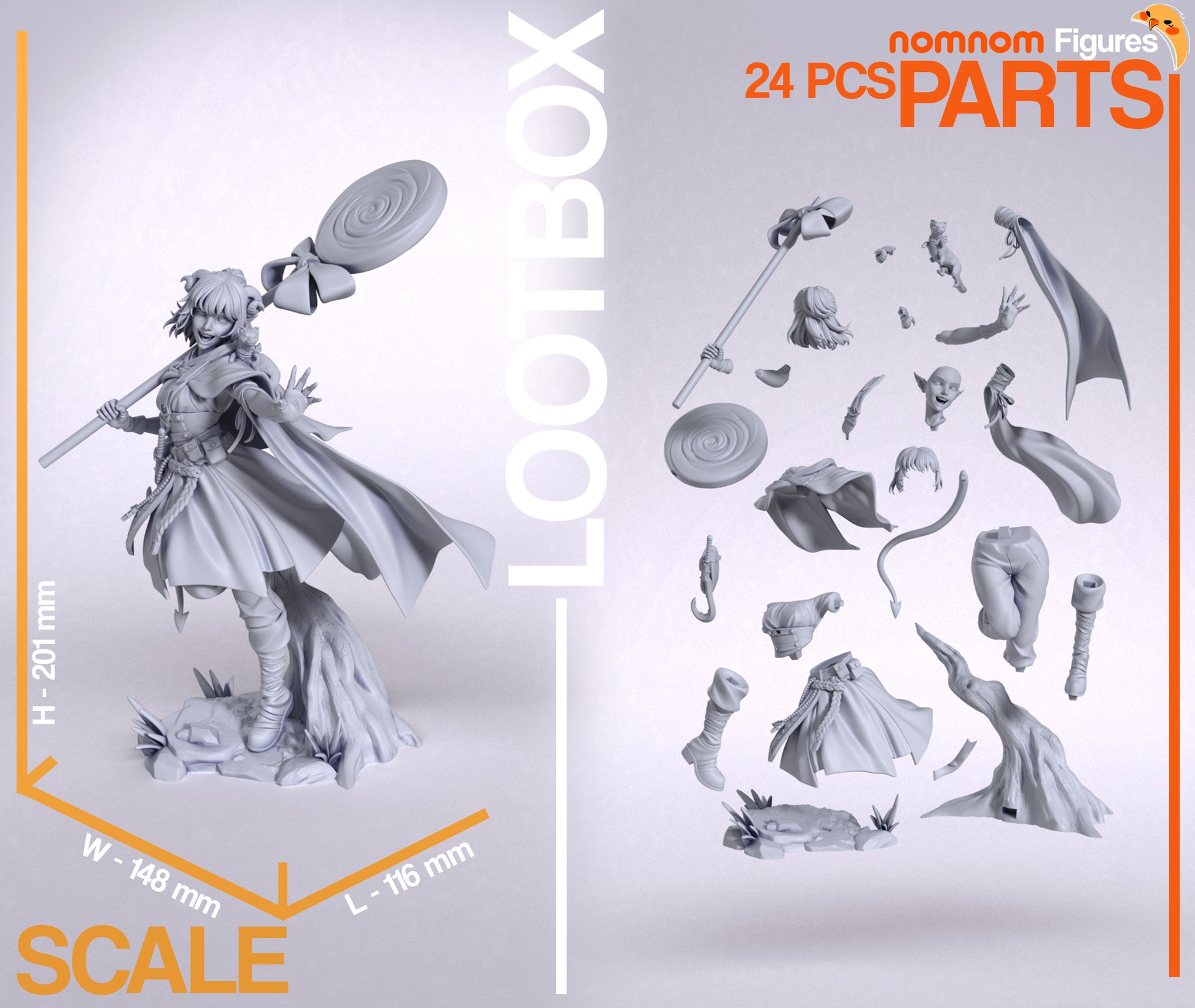 Resin garage kit figure of Whimsical Trickster from Nomnom Figures by Tattles Told 3D, detailed anime fan art sculpture.