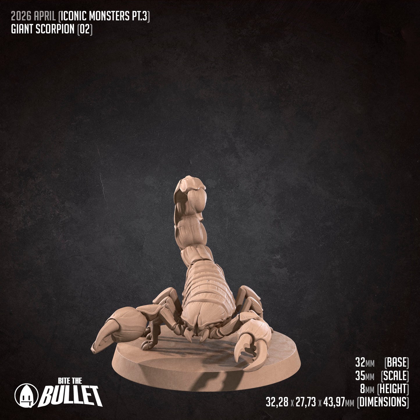 Detailed Tattles Told 3D giant scorpion miniature for D&D TTRPG games, showing a menacing scorpion with detailed sculpting.