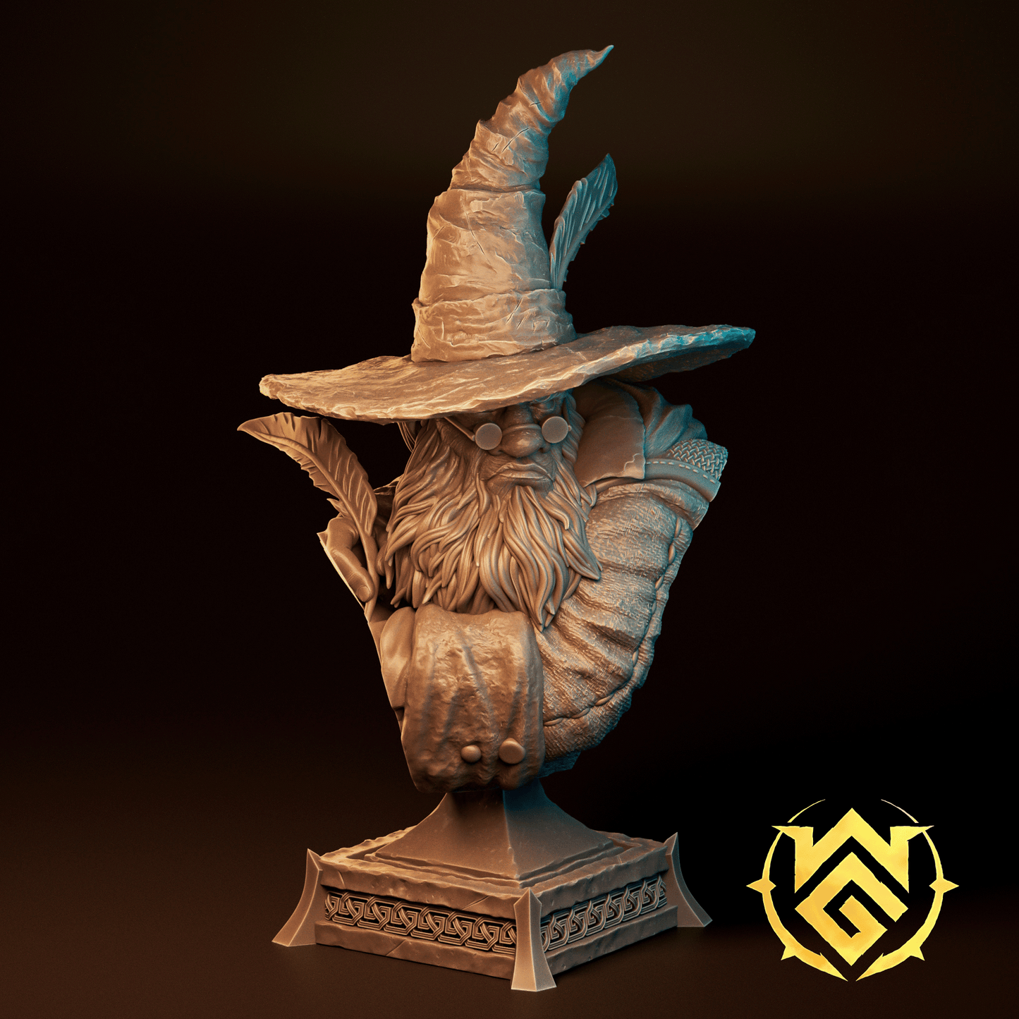 Tattles Told 3D Scrib Galloway TTRPG D&D miniature bust with detailed witchguild design and logo in the image.