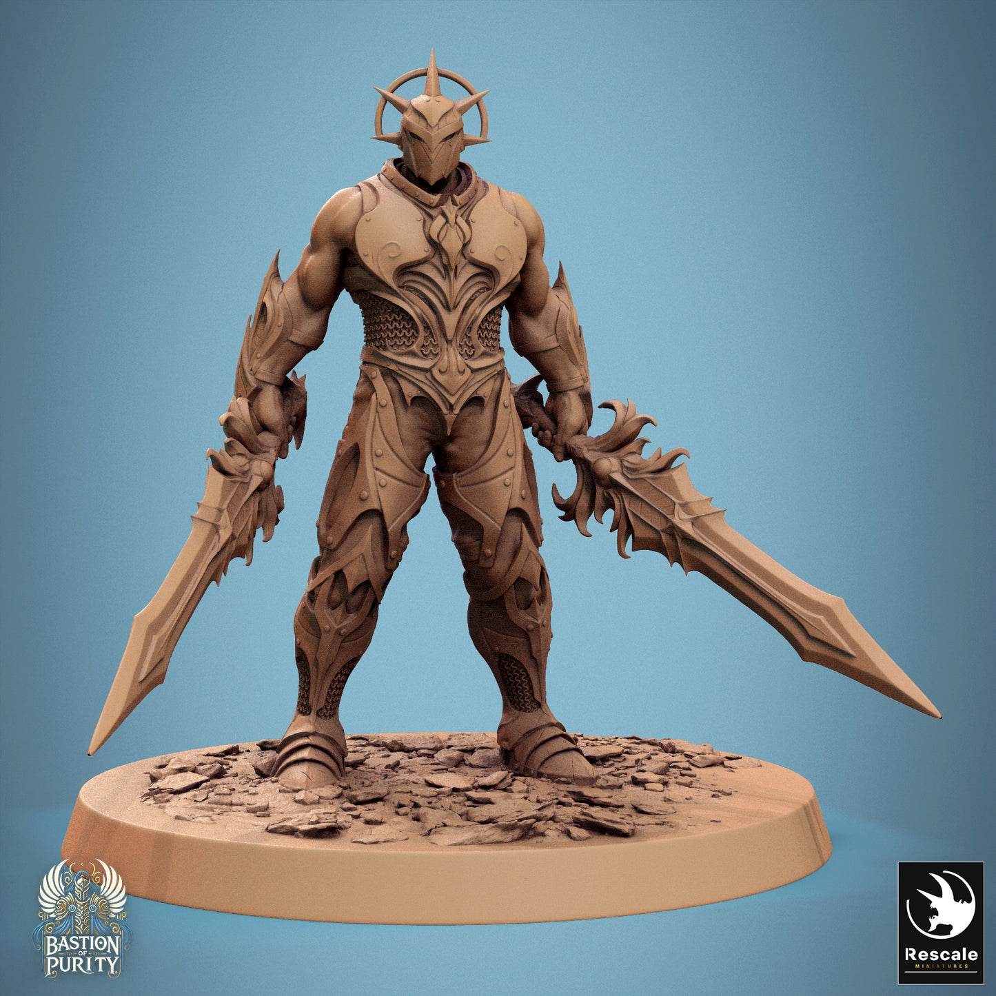 D&D TTRPG miniature of Sentinel of Aetherium, Bastion of Purity Warband, featuring a detailed figure with double swords by Tattles Told 3D.
