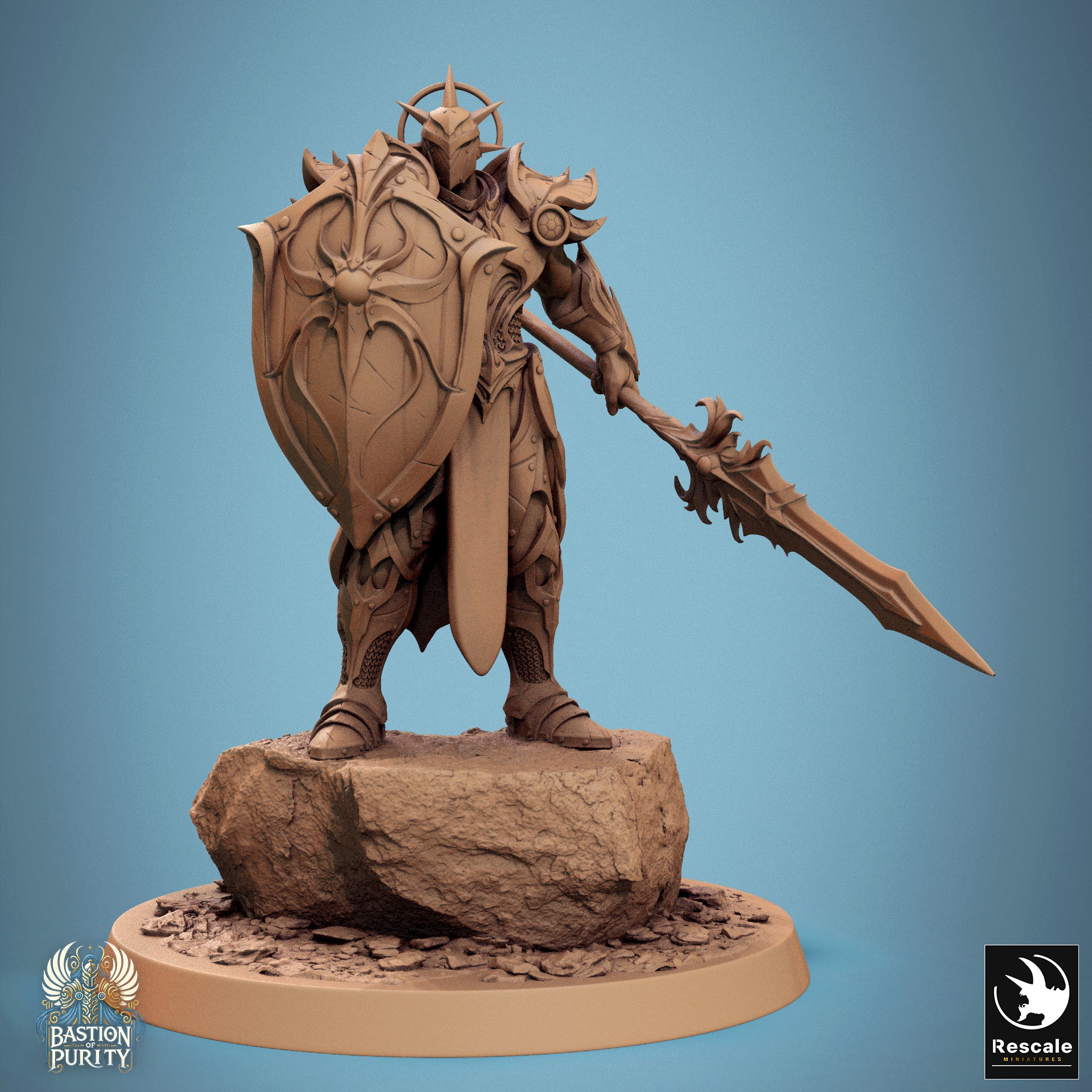 D&D Sentinel of Aetherium miniature by Tattles Told 3D, featuring a armored figure wielding a spear and shield for tabletop RPG gameplay.