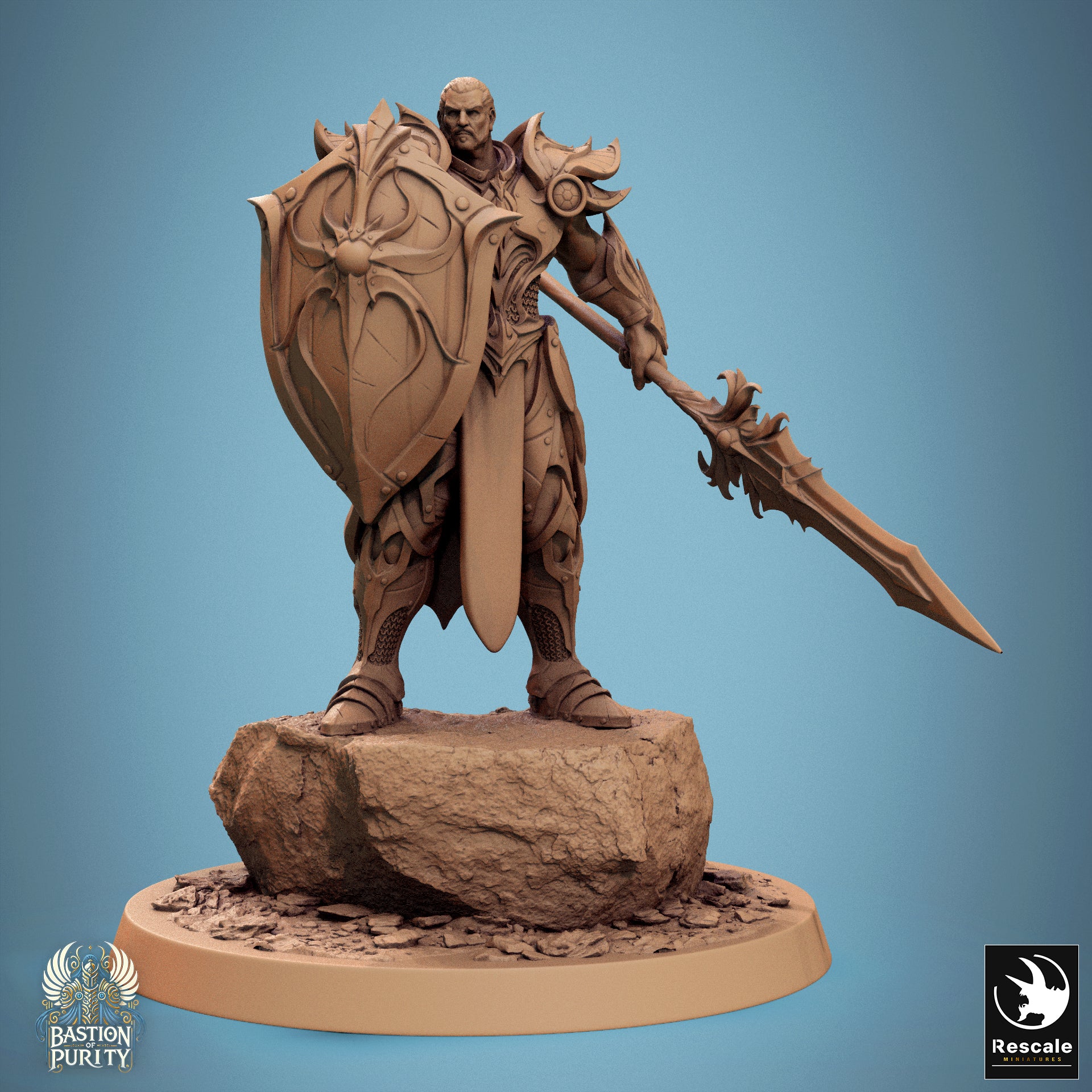 D&D TTRPG miniature of Sentinel of Aetherium Bastion of Purity warband by Tattles Told 3D, featuring a great commander with spear and shield.