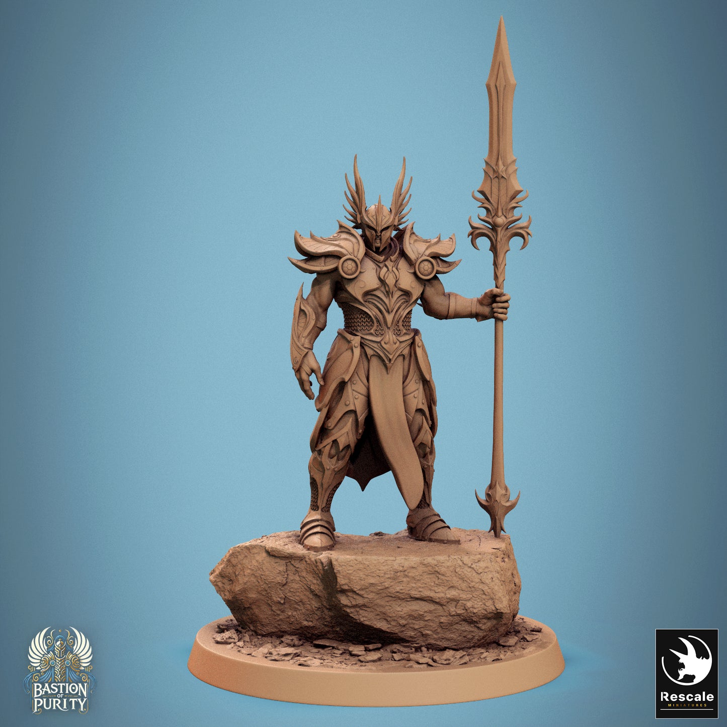 D&D TTRPG miniature of Sentinel of Aetherium, Bastion of Purity Warband, with detailed armor and spear, by Tattles Told 3D.