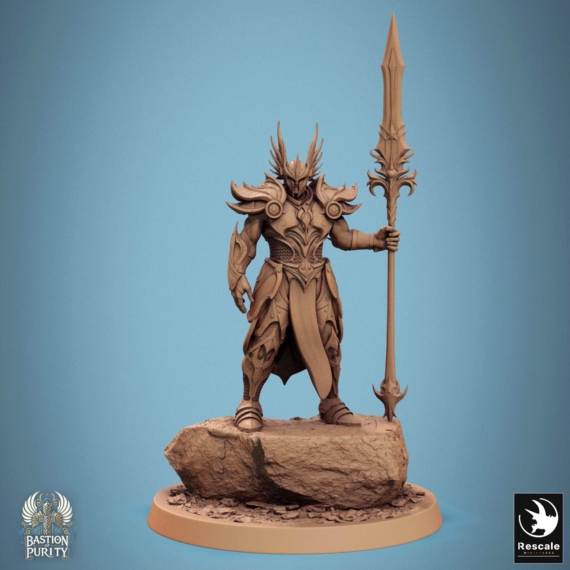 D&D TTRPG miniature of Sentinel of Aetherium, Bastion of Purity Warband, with detailed armor and spear, by Tattles Told 3D.