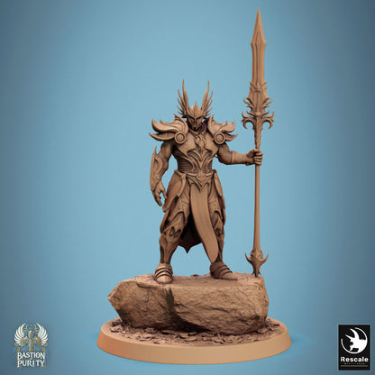 D&D TTRPG miniature of Sentinel of Aetherium, Bastion of Purity Warband, with detailed armor and spear, by Tattles Told 3D.