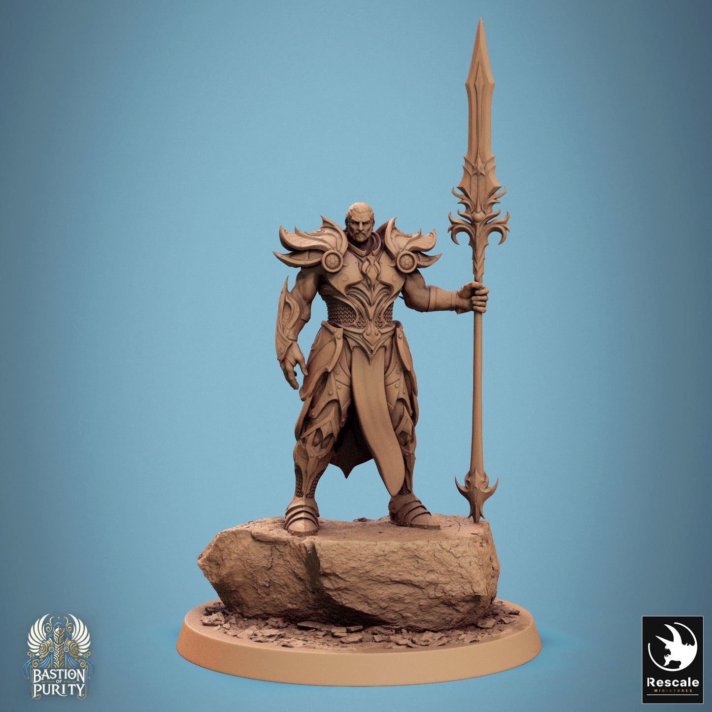 Tattles Told 3D Sentinel of Aetherium Bastion of Purity Warband miniature with a spear, detailed fantasy tabletop gaming figure.
