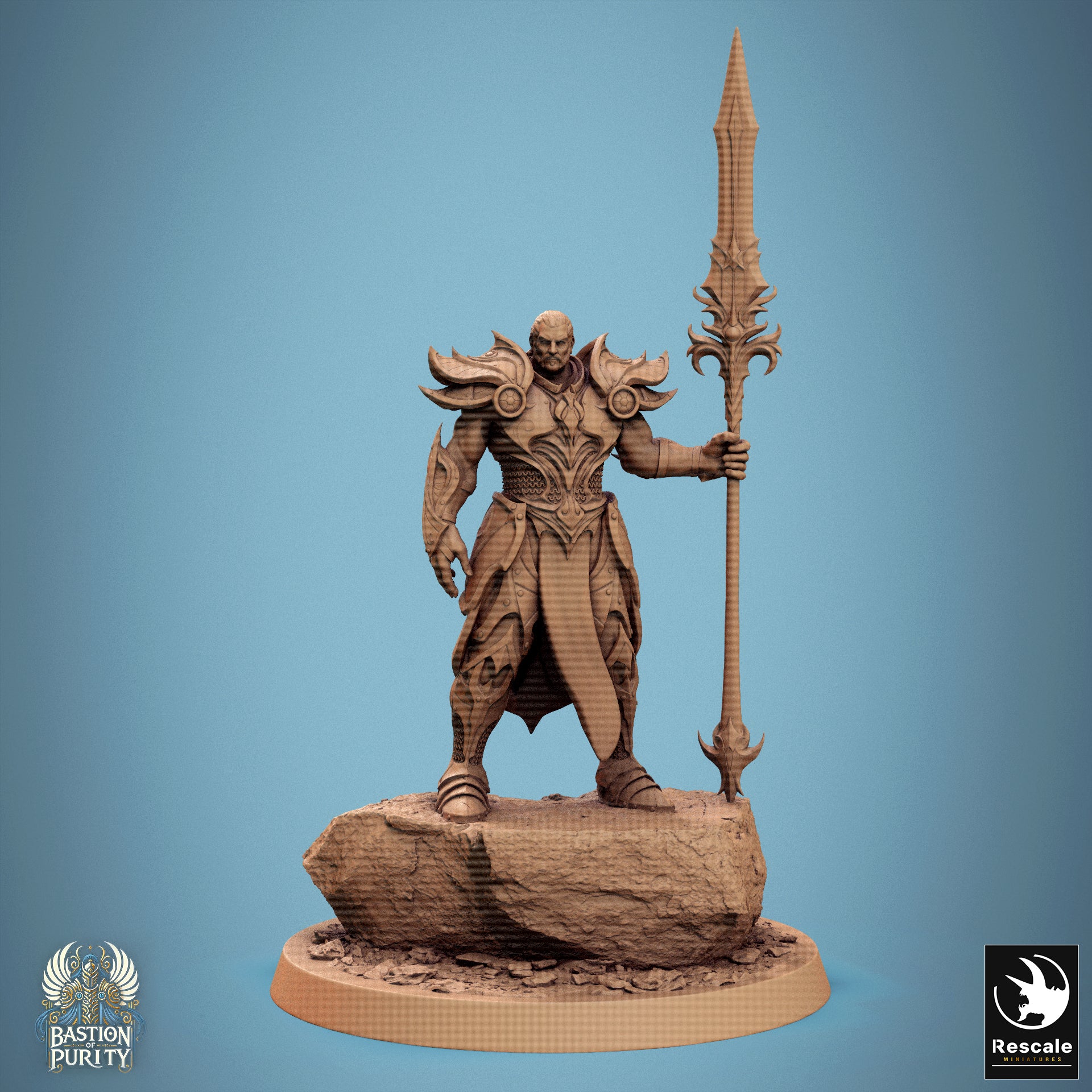 Tattles Told 3D Sentinel of Aetherium Bastion of Purity Warband miniature with a spear, detailed fantasy tabletop gaming figure.