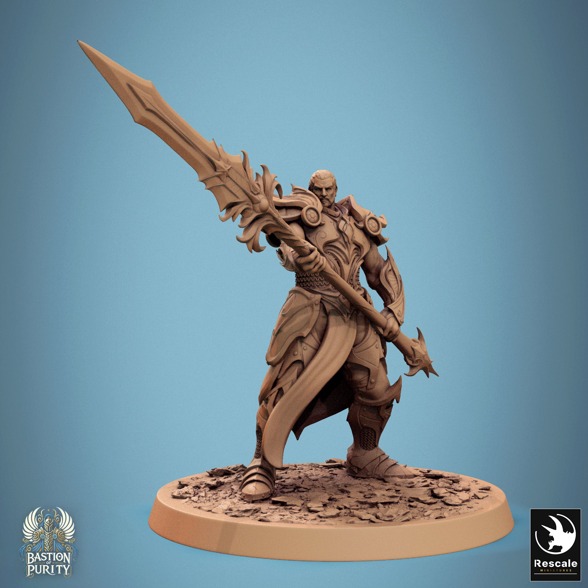 D&D Sentinel of Aetherium Bastion of Purity Warband miniature by Tattles Told 3D, featuring a detailed armored figure with a spear.