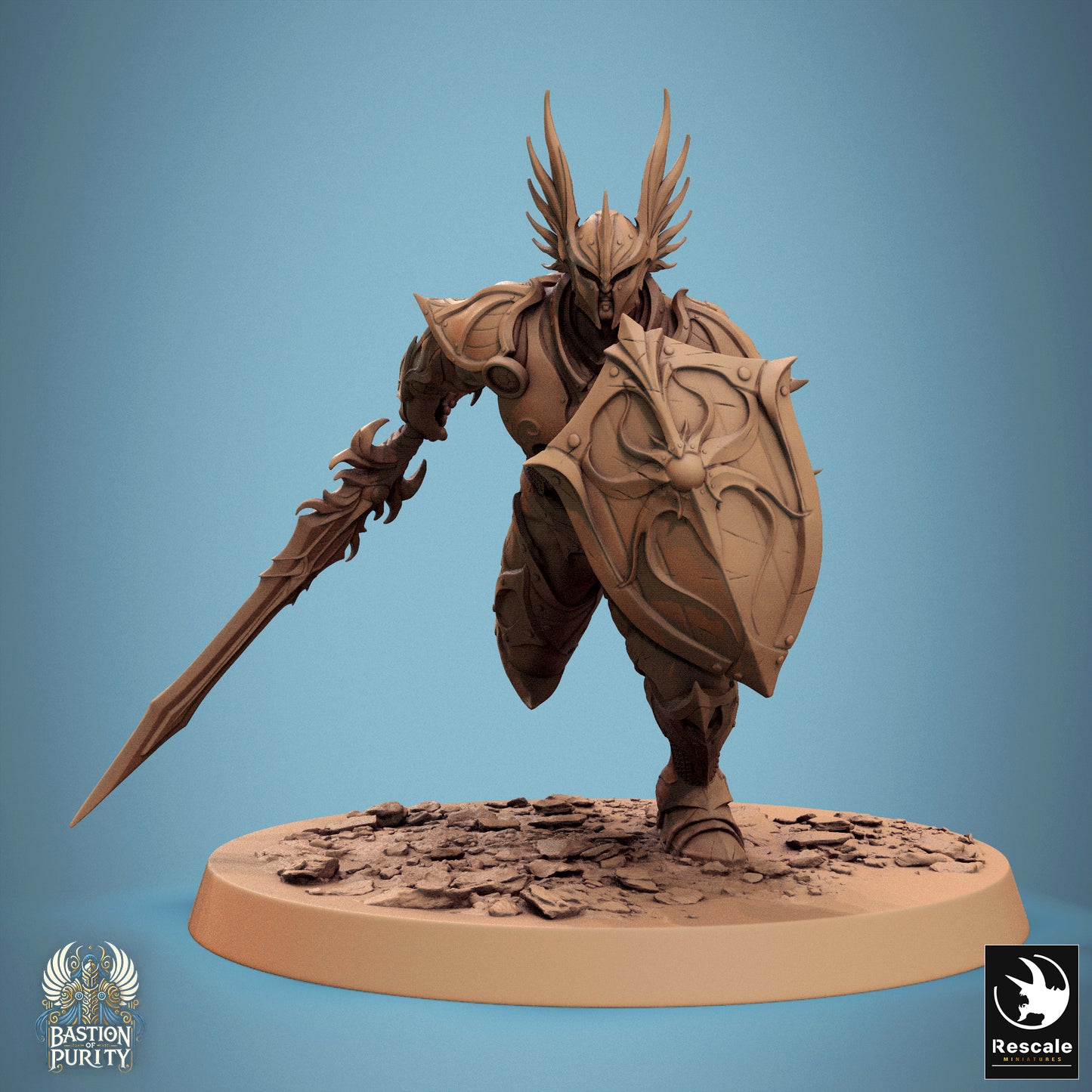 Rescaled Sentinel of Aetherium miniature from Bastion of Purity Warband, featuring sword and shield, by Tattles Told 3D.