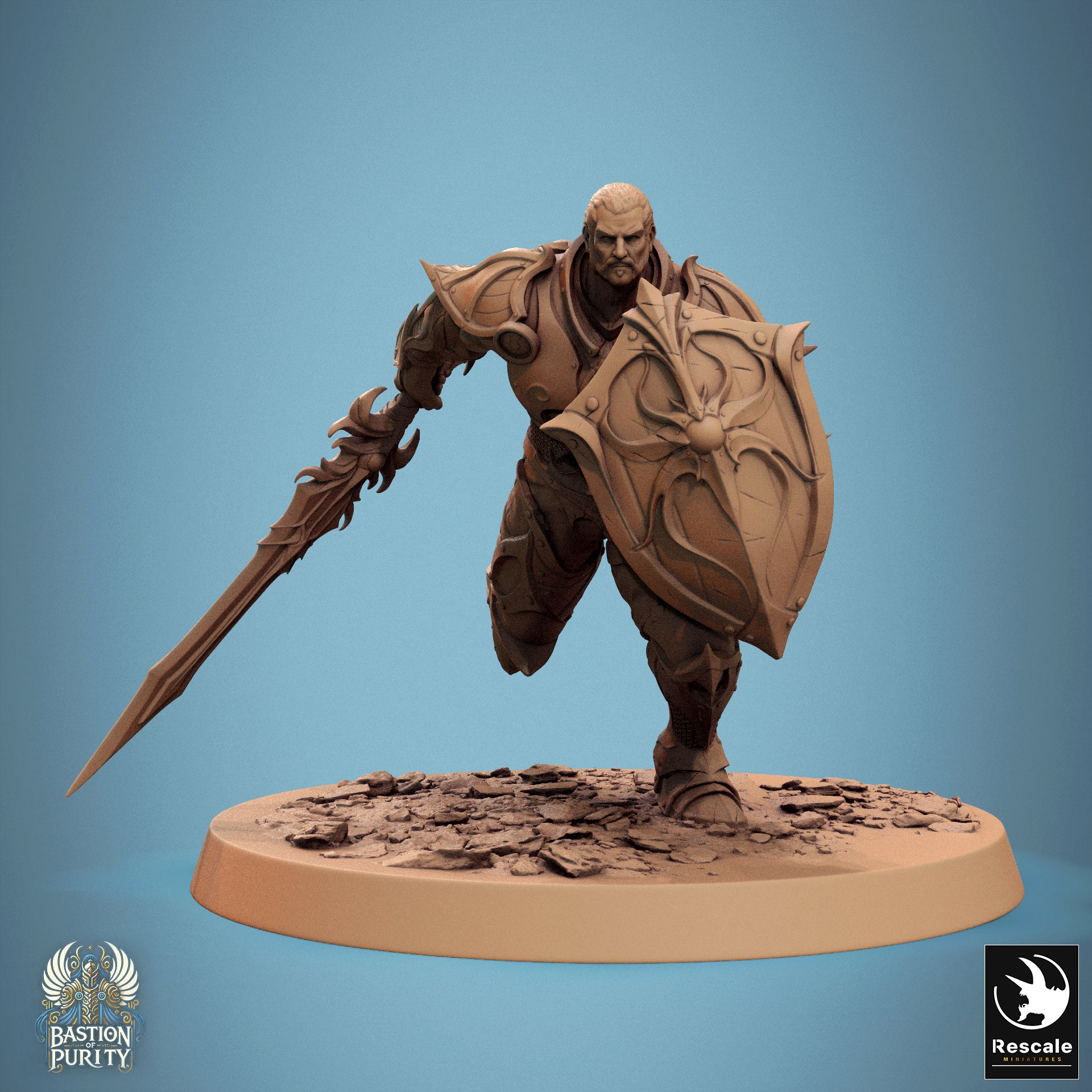 D&D miniature of Sentinel of Aetherium Bastion of Purity Warband with sword and shield, resin model by Tattles Told 3D.