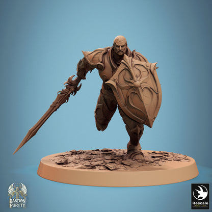 D&D miniature of Sentinel of Aetherium Bastion of Purity Warband with sword and shield, resin model by Tattles Told 3D.