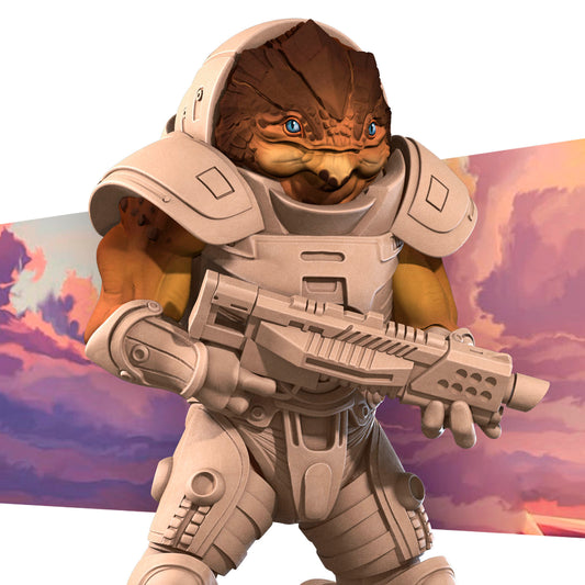 Detailed image of Space Turtle Berserker D&D TTRPG miniature by Tattles Told 3D, featuring a space-themed turtle warrior with armor.