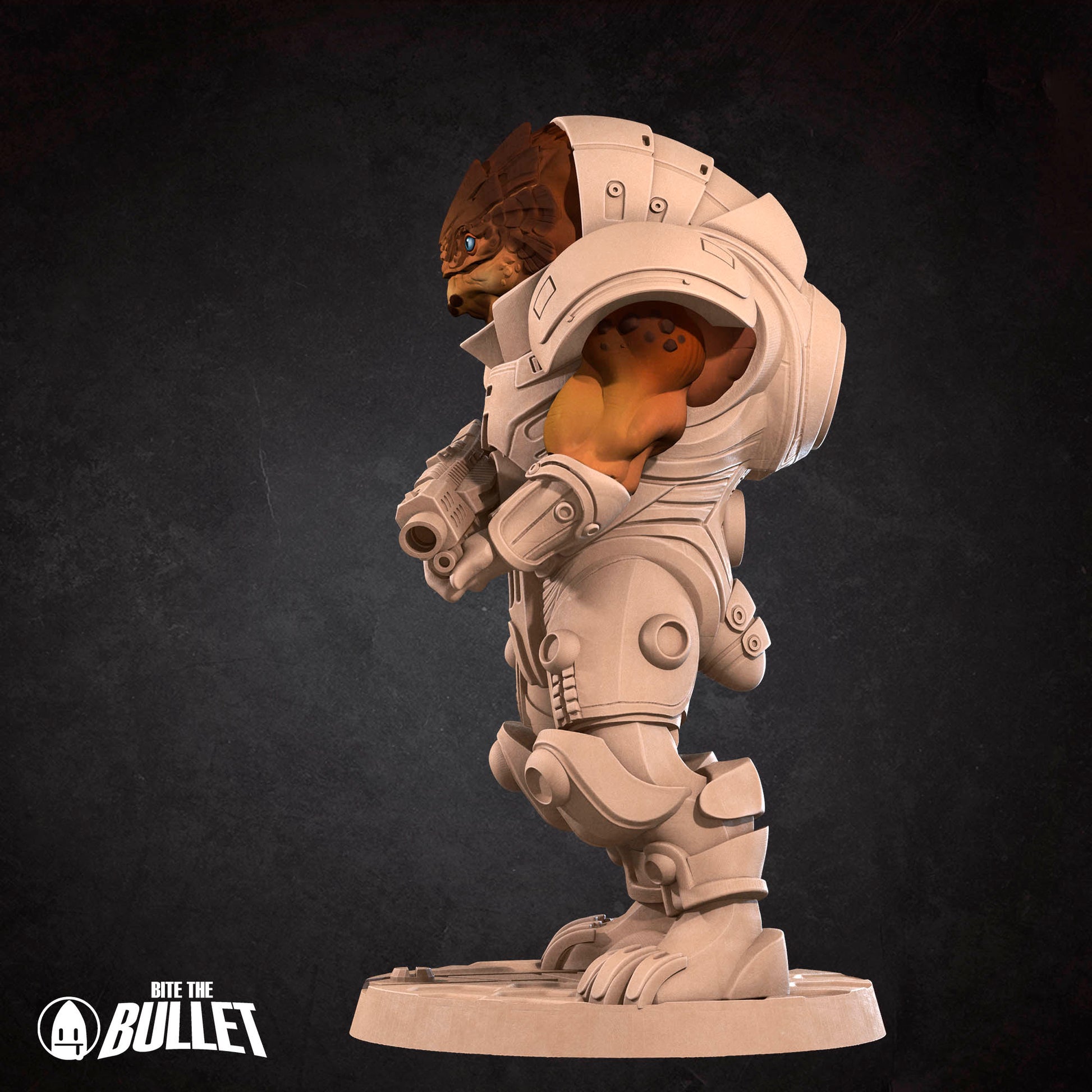 Detailed image of Space Turtle Berserker D&D TTRPG miniature by Tattles Told 3D, featuring a fierce turtle warrior with space-themed armor.