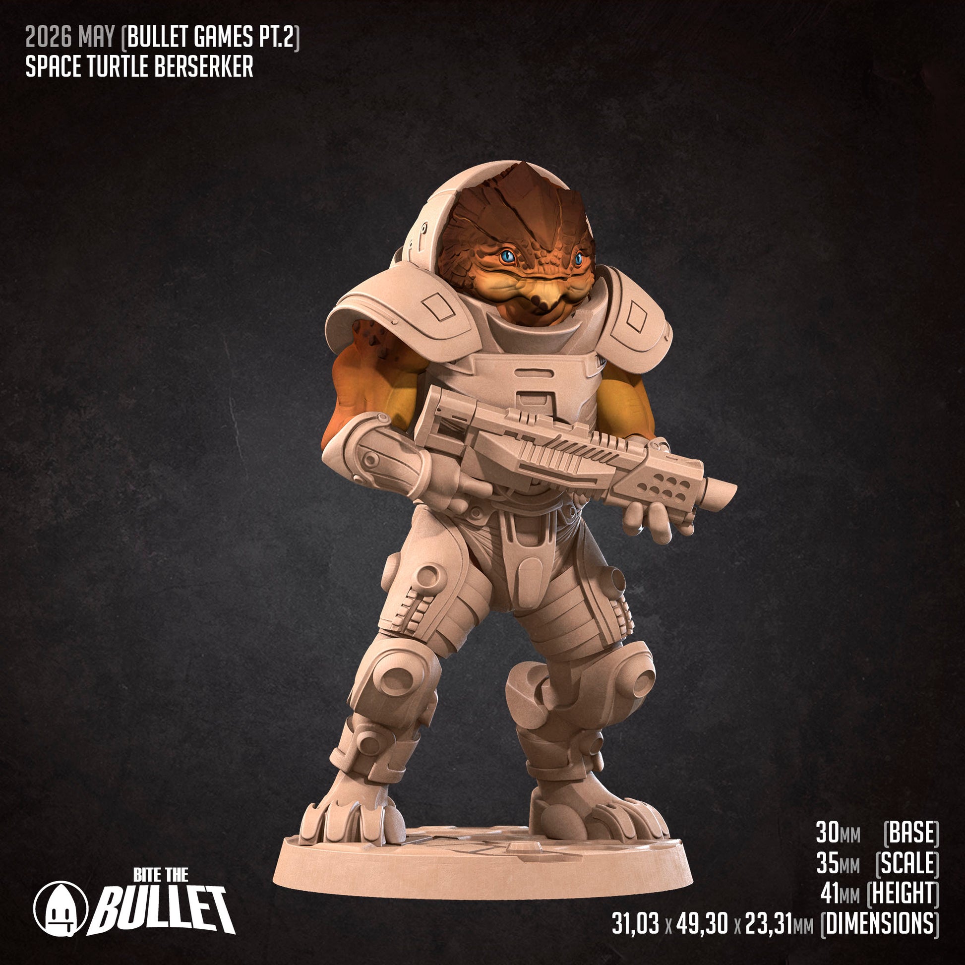 Detailed image of Space Turtle Berserker D&D miniature by Tattles Told 3D, showing a fierce space turtle with armor and weaponry.