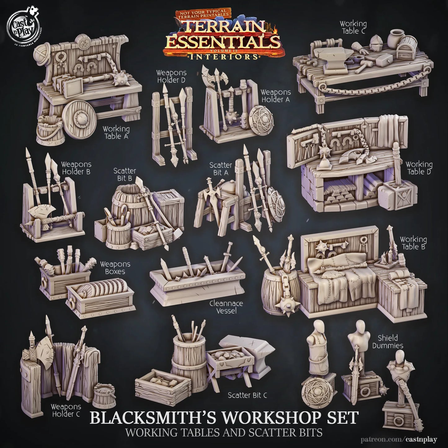 Blacksmith's Workshop Set | TTRPG Scatter Diorama Dollhouse Miniature | Terrain Essentials
