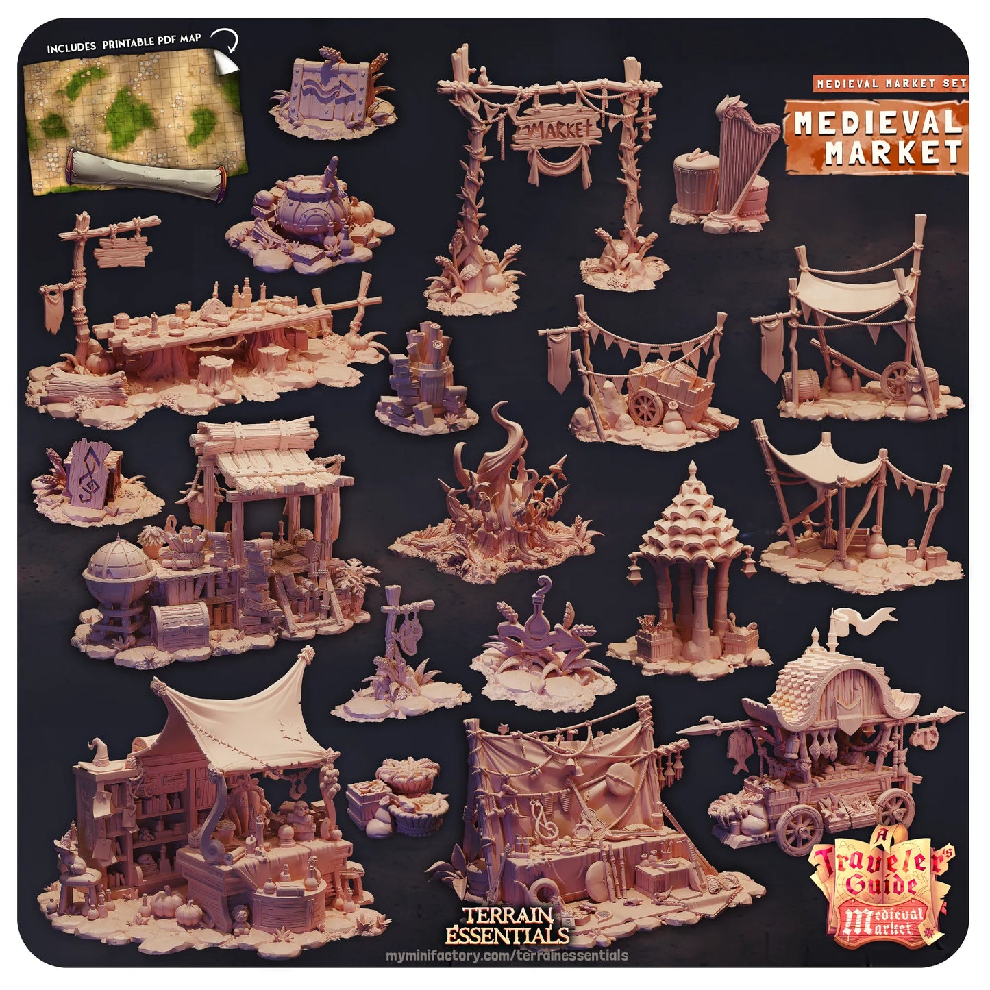 Medieval Market Set | TTRPG Scatter Diorama Dollhouse Miniature | Terrain Essentials