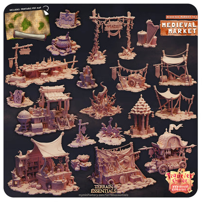 Medieval Market Set | TTRPG Scatter Diorama Dollhouse Miniature | Terrain Essentials