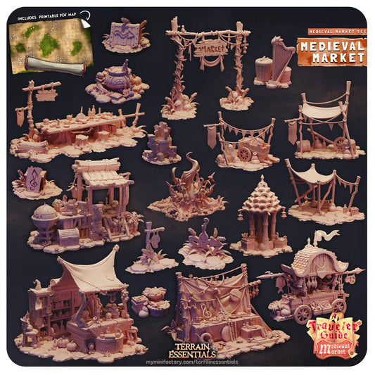 Medieval Market Set | TTRPG Scatter Diorama Dollhouse Miniature | Terrain Essentials