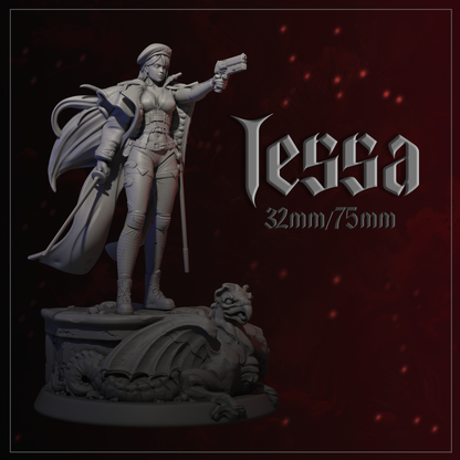 Statue of a character named 'Tessa' with a gun, on a dark background with red glowing effects.