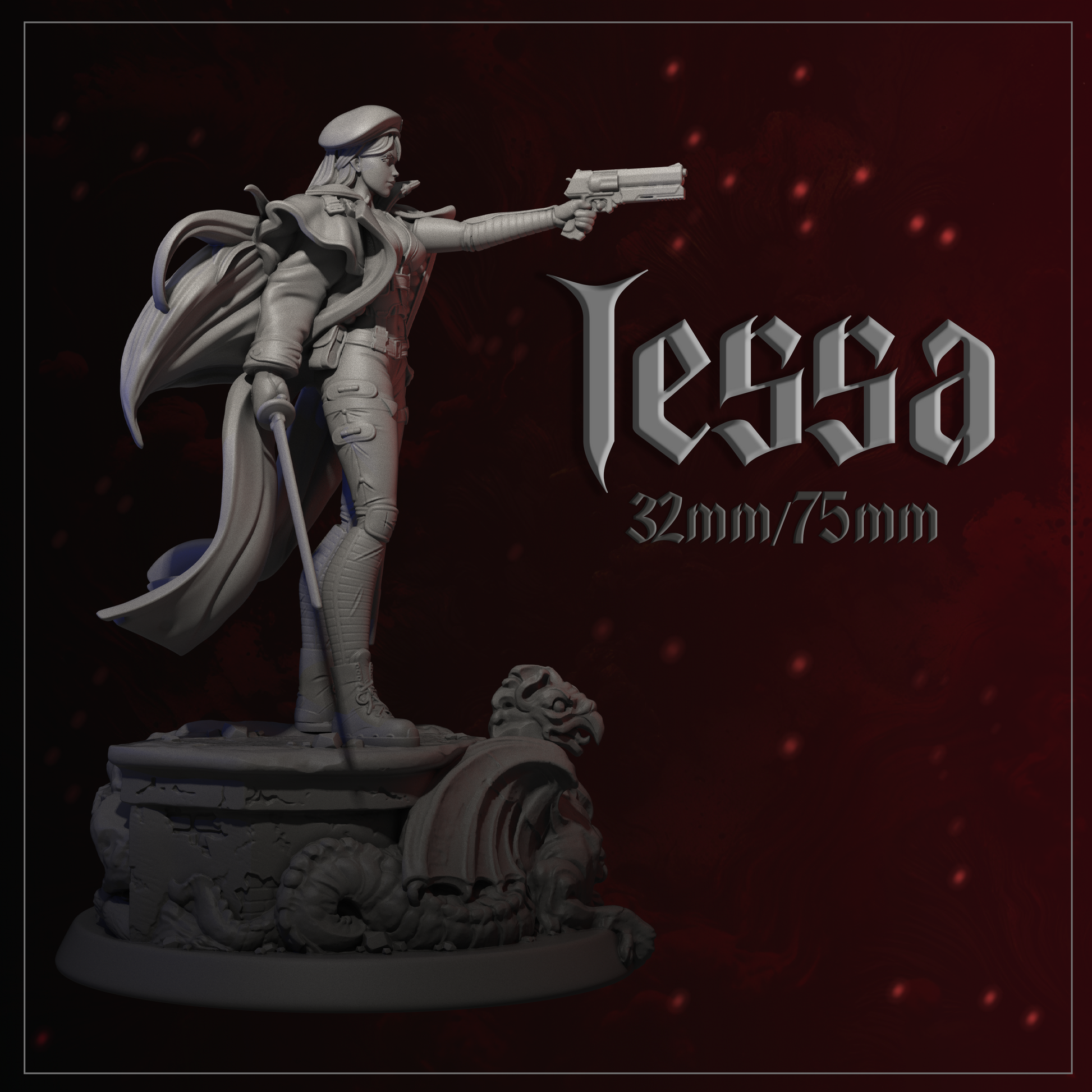 Gray miniature figurine with 'Tessa' text on a dark background