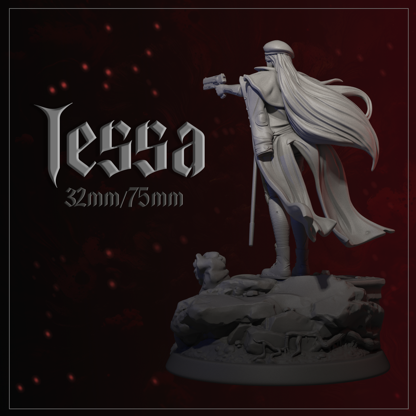 Statue of a warrior with long hair and a sword on a dark background, featuring the brand 'Tessa'.