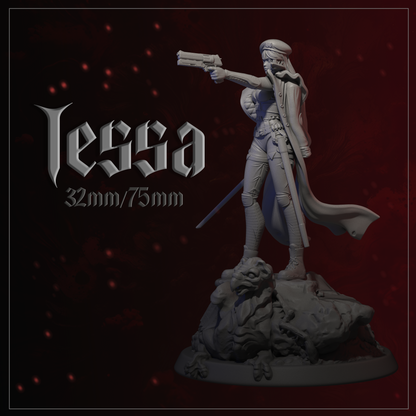 Statue of a character named 'Tessa' with a gun on a dark background