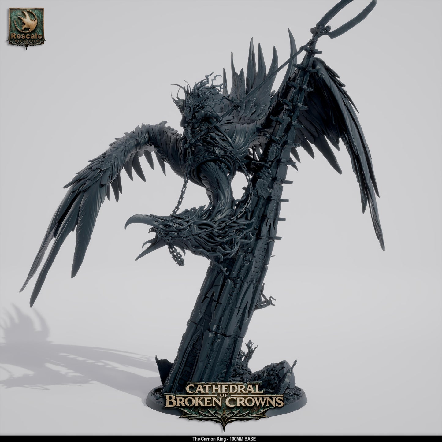 Plastic miniature of the Carrion King from Cathedral of Broken Crowns for D&D TTRPG, by Tattles Told 3D.