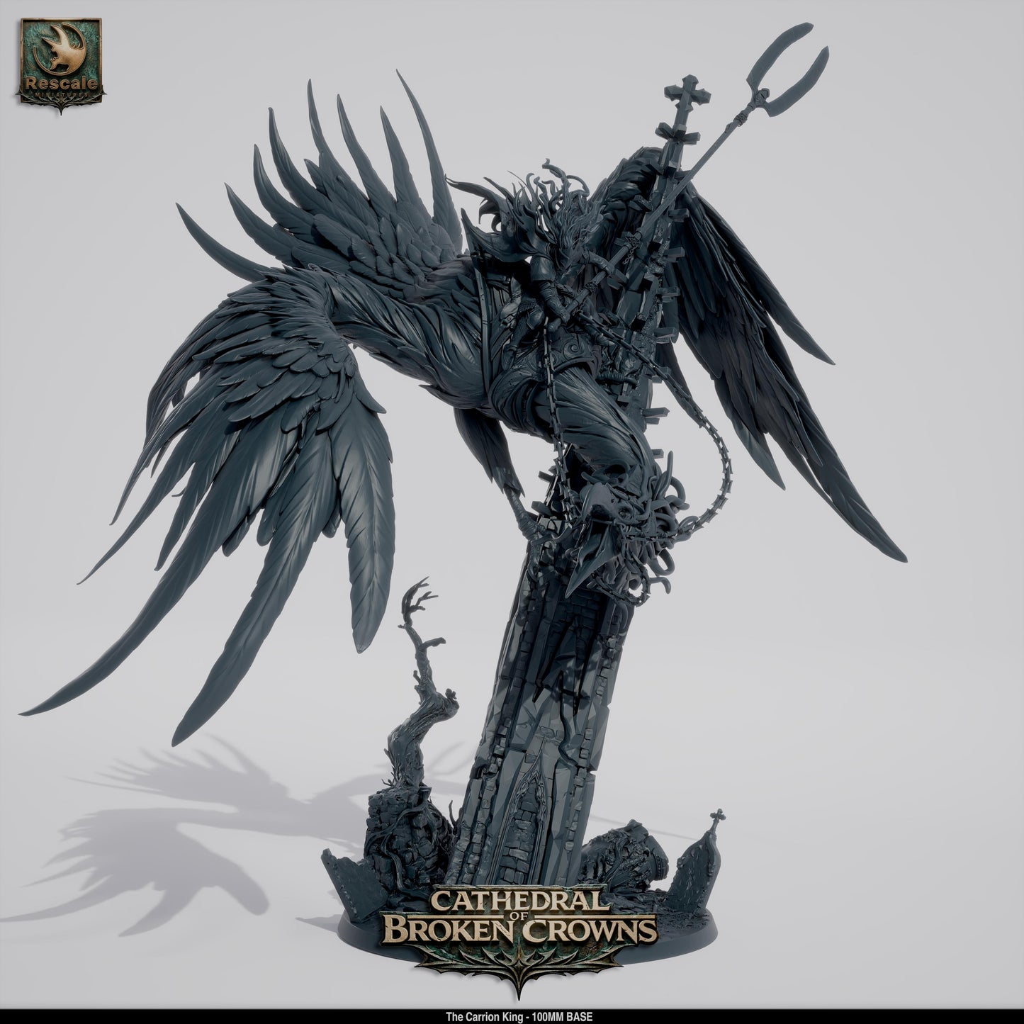 Rescale plastic miniature of Carrion King from Cathedral of Broken Crowns for D&D TTRPG, crafted by Tattles Told 3D.