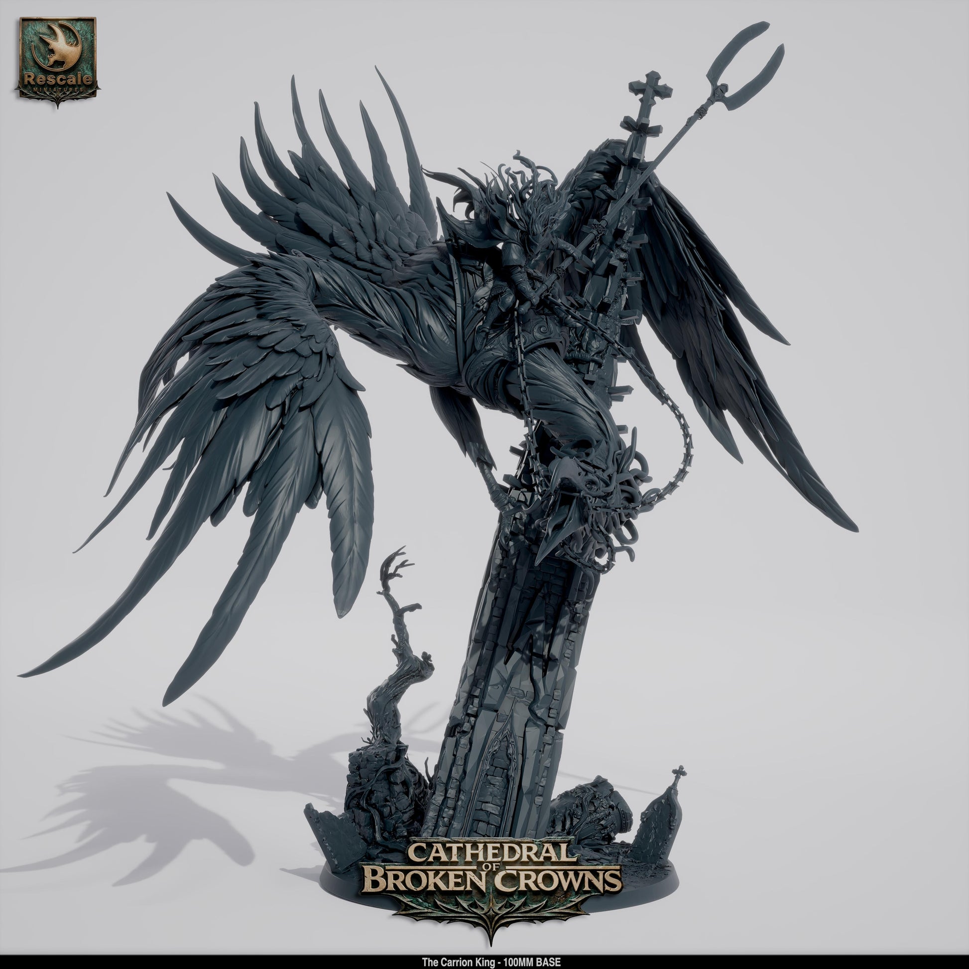 Rescale plastic miniature of Carrion King from Cathedral of Broken Crowns for D&D TTRPG, crafted by Tattles Told 3D.