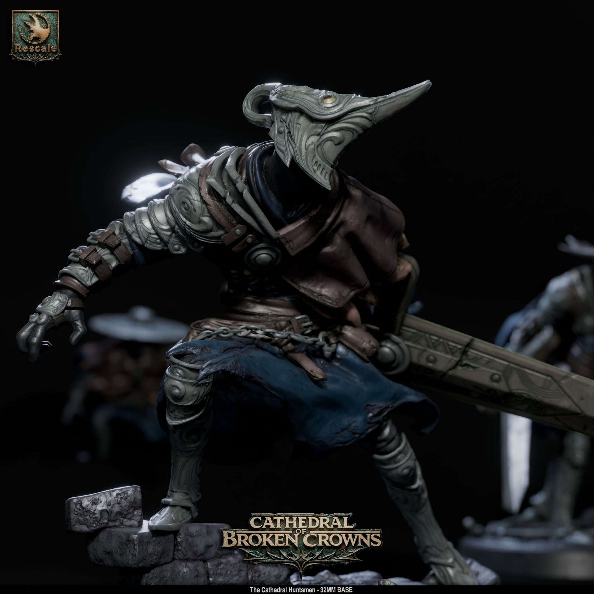 Black Cathedral Huntsman miniature from Tattles Told 3D, detailed D&D TTRPG miniature of a gothic-inspired character in armor and cloak.