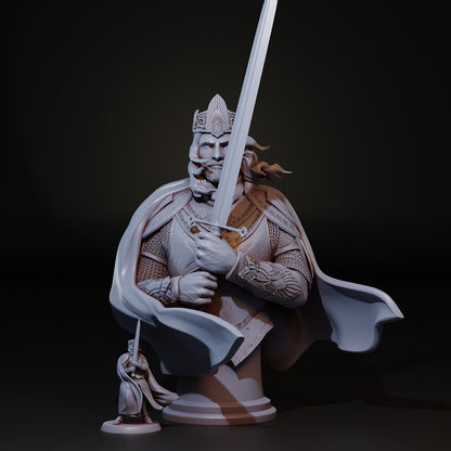 Detailed miniature bust of The King from Navarrete Studio by Tattles Told 3D, showcasing intricate armor and regal features.