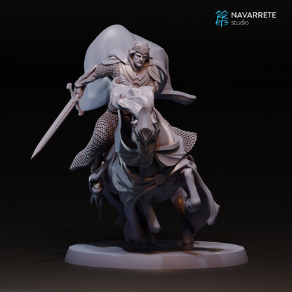 Detailed tabletop gaming miniature of a king on a horse by Navarrete Studio, crafted by Tattles Told 3D.