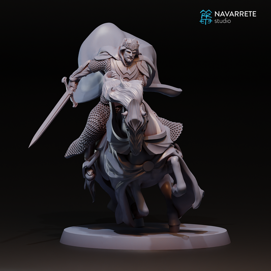 Detailed tabletop gaming miniature of a king on a horse by Navarrete Studio, crafted by Tattles Told 3D.
