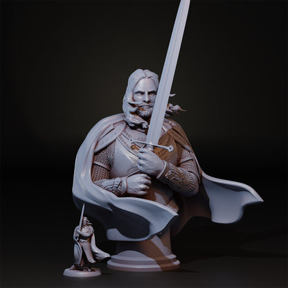 Detailed image of The King tabletop gaming miniature bust by Tattles Told 3D, featuring intricate armor and regal crown.