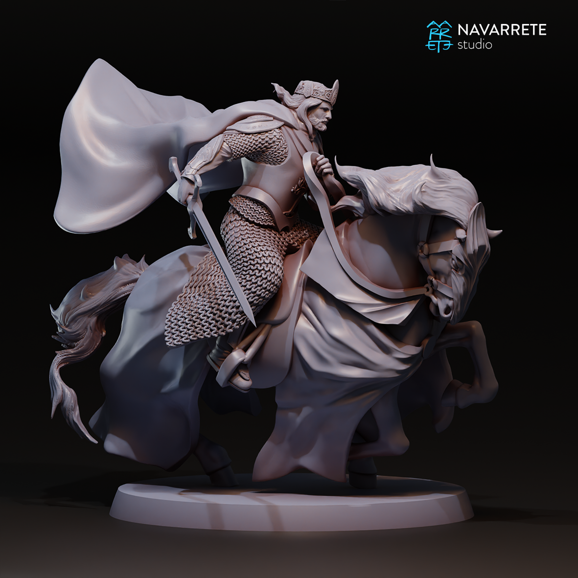 Detailed image of The King on a Horse miniature from Navarrete Studio, created by Tattles Told 3D for tabletop gaming.