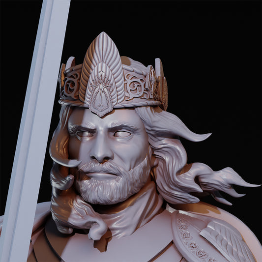 Detailed miniature bust of The King from tabletop gaming by Tattles Told 3D, featuring intricate armor and regal details.
