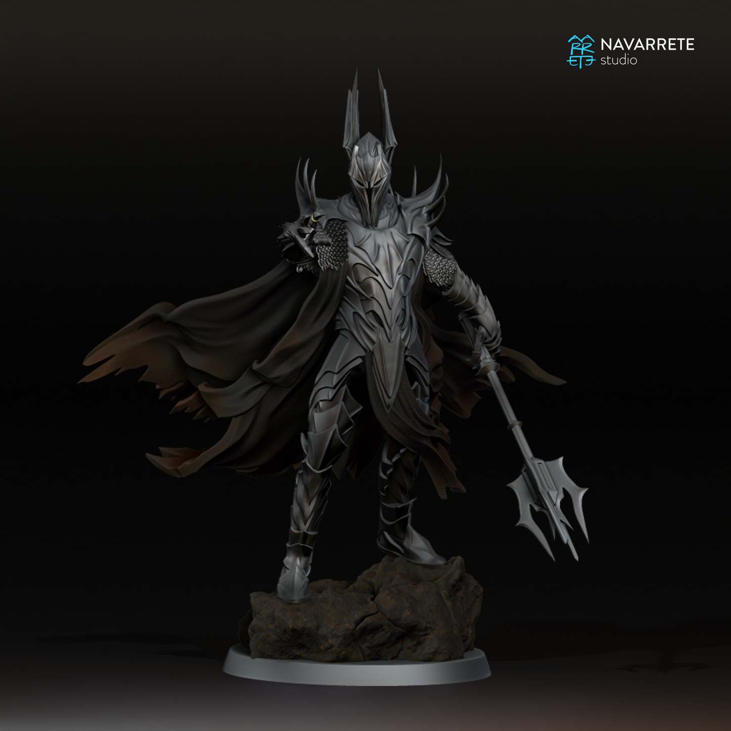 Detailed image of The Lord of Shadows tabletop gaming miniature by Tattles Told 3D, featuring dark armor and shadowy details.
