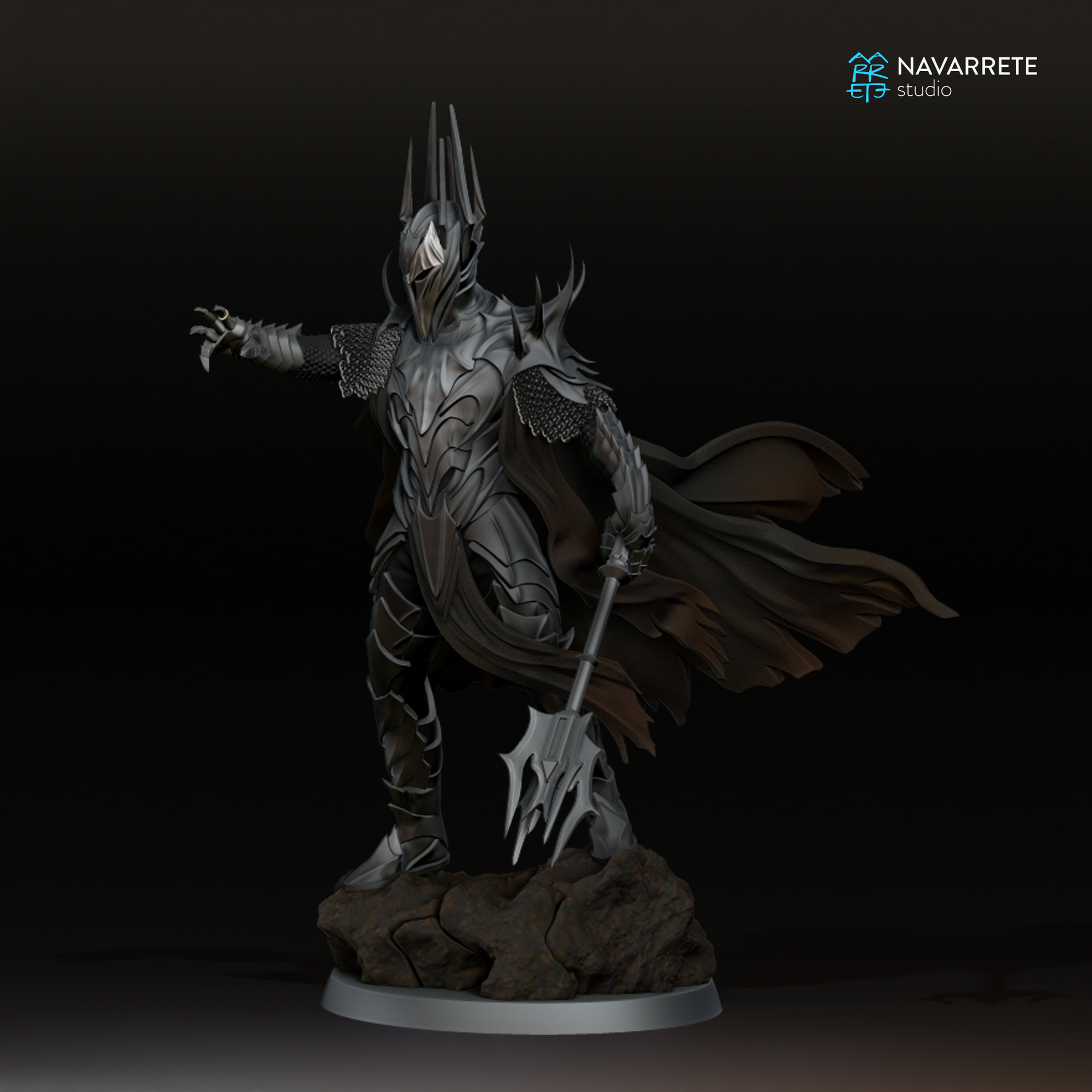 Detailed miniature of The Lord of Shadows from Navarrete Studio, created by Tattles Told 3D, showcasing intricate armor and shadowy design.