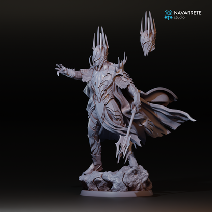 Detailed miniature of The Lord of Shadows from Navarrete Studio by Tattles Told 3D, showcasing dark, intricate armor and menacing pose.