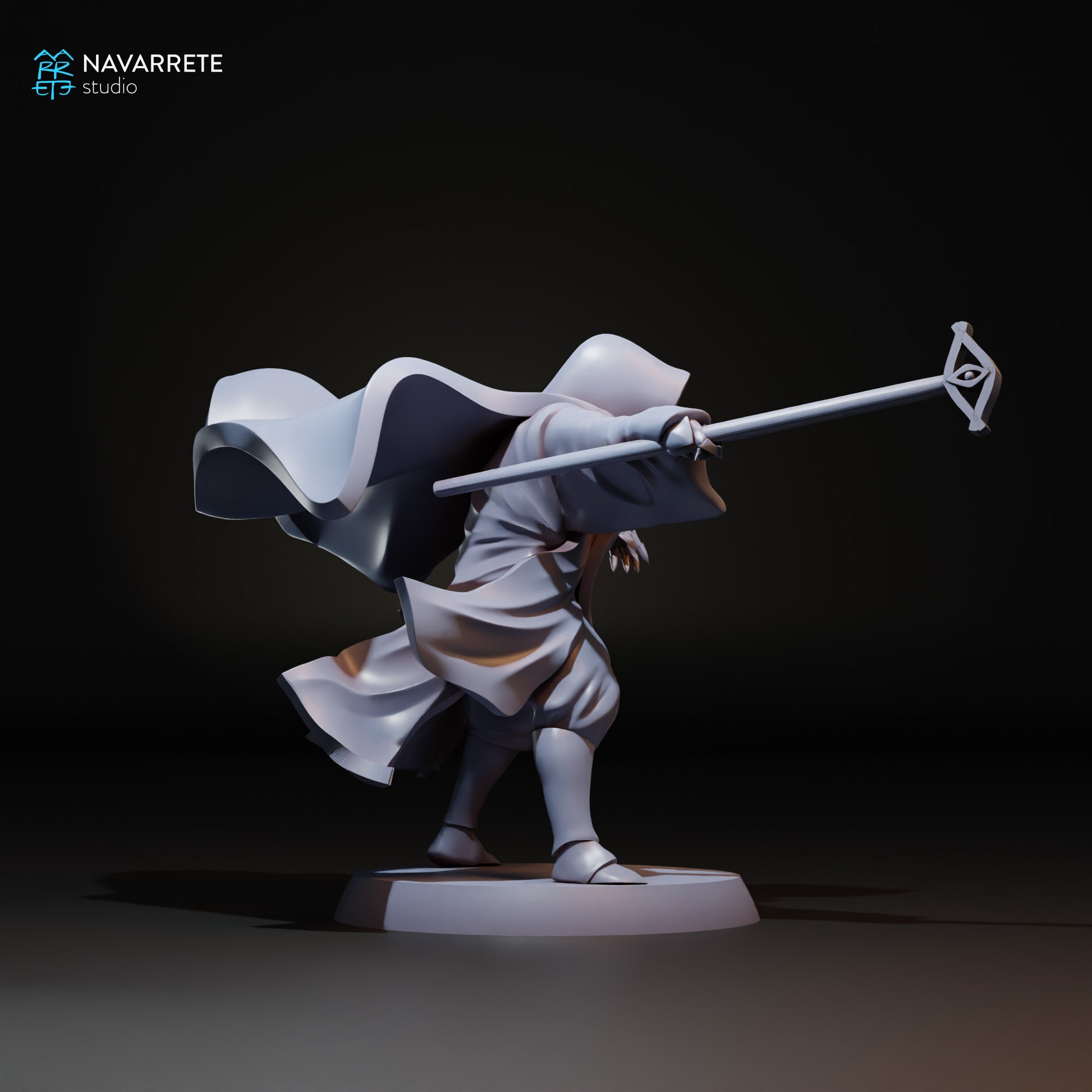 Miniature of The Perpetual from Tattles Told 3D, depicting a detailed tabletop gaming figure with a horse, created by Navarrete Studio.