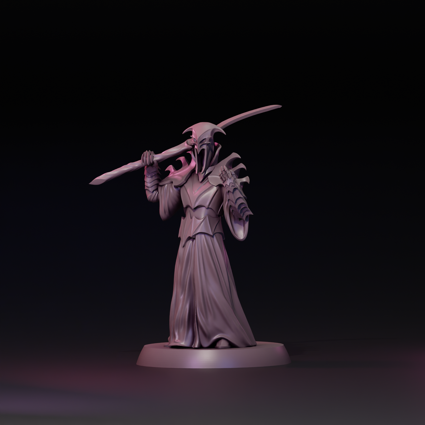 Detailed image of The Shadow Ruler miniature from Tattles Told 3D, designed for tabletop gaming, with intricate armor and weapon details.