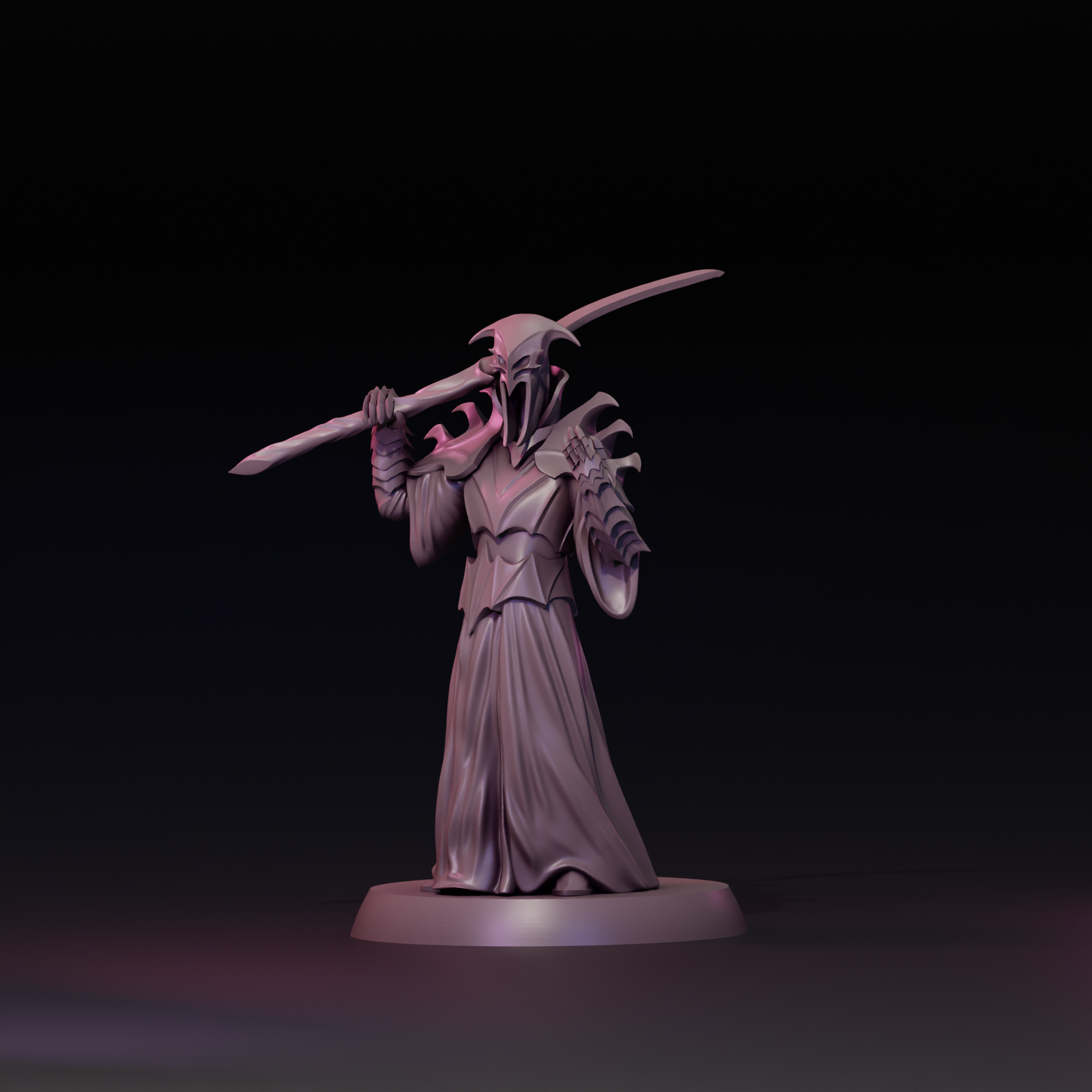 Detailed image of The Shadow Ruler miniature from Tattles Told 3D, designed for tabletop gaming, with intricate armor and weapon details.