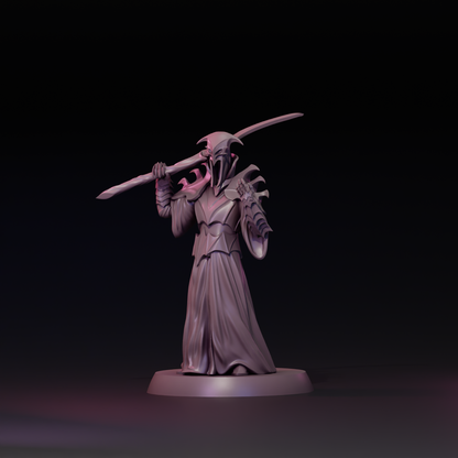 Detailed image of The Shadow Ruler miniature from Tattles Told 3D, designed for tabletop gaming, with intricate armor and weapon details.